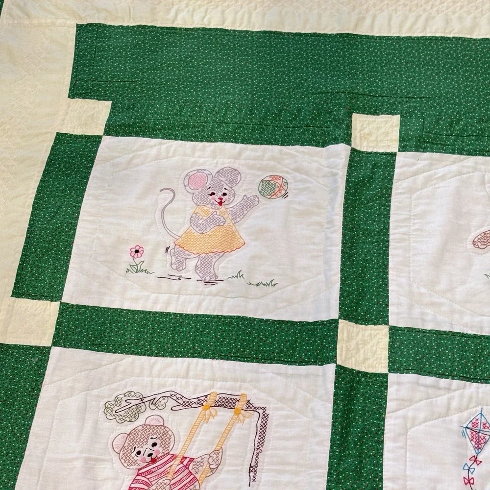 Handmade Vintage Embroidered Animal Quilt Twin Nursery Bunny Duck Green 50x64